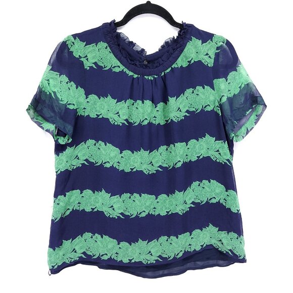 J.Crew Silk Ruffle Blouse Womens Size 12 Top Beanstalk Stripe Navy Green Retro - Picture 2 of 13